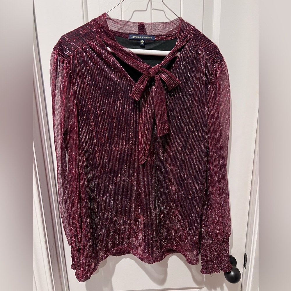Adrienne Vittadini Burgundy red Blouse Bow shimmer & sheer sleeves women’s xl